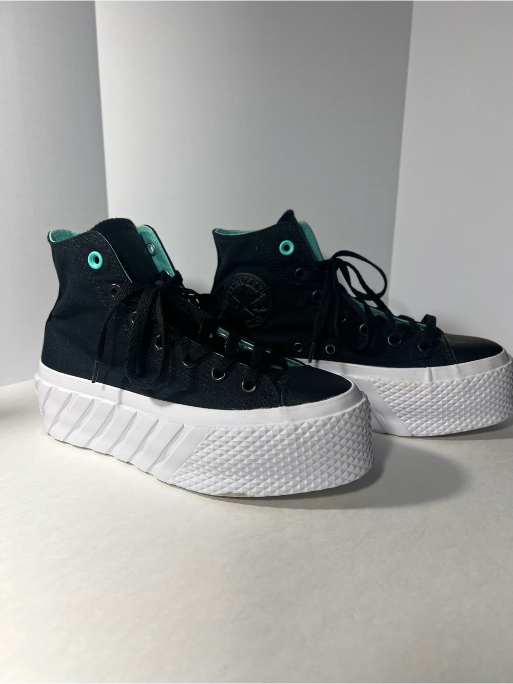 Black Converse High-Top Platform Sneakers with faux leather and Teal Accents